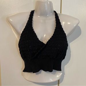 Black Crochet Knit Cropped Halter Top